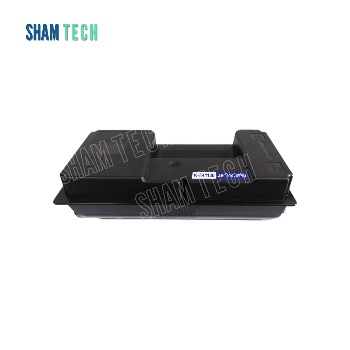 A black Kyocera K-TK1130 laser toner cartridge is displayed horizontally without its box against a plain white background, featuring a molded rectangular plastic body with a blue label reading "K-TK1130 Laser Toner Cartridge" on top. The "SHAM TECH" logo appears in the top-left corner, and a large translucent "SHAM TECH" watermark is overlaid diagonally across the center of the image.