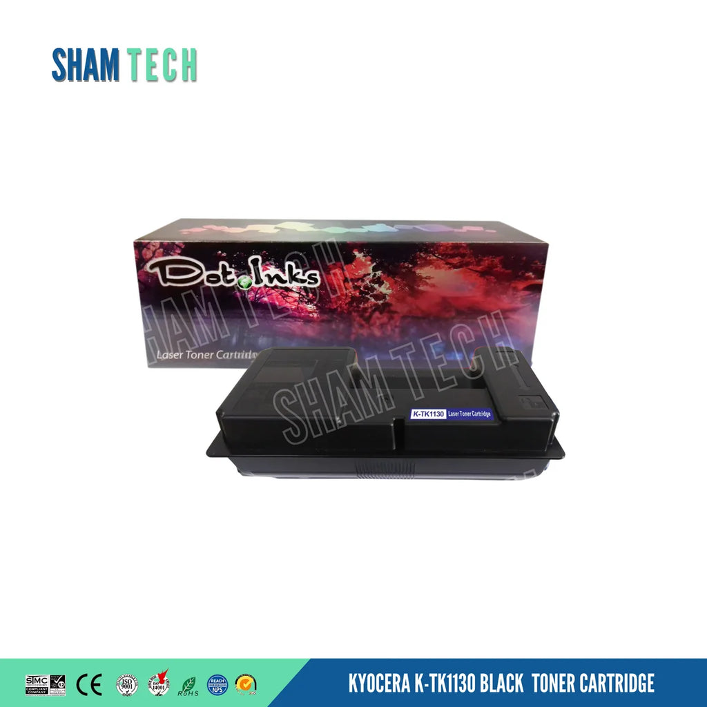 A black Kyocera K-TK1130 laser toner cartridge is displayed horizontally in front of its product box against a white background. The product box behind it features a colorful, abstract floral graphic design with the "Dot Inks" logo and the text "Laser Toner Cartridge". a large translucent "SHAM TECH" watermark is overlaid diagonally across the center, and a bottom banner displays various compliance and certification logos alongside the text "KYOCERA K-TK1130 BLACK TONER CARTRIDGE".