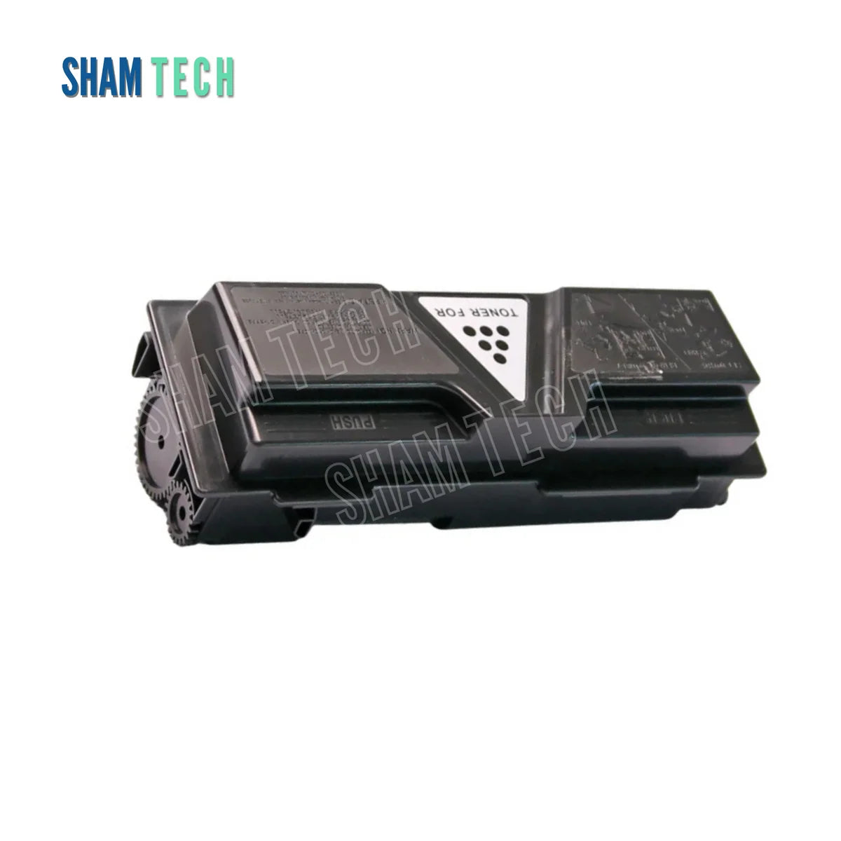 A black laser toner cartridge is shown on a plain white background, featuring exposed plastic gears on the left end and a triangular white label with black dots on top.