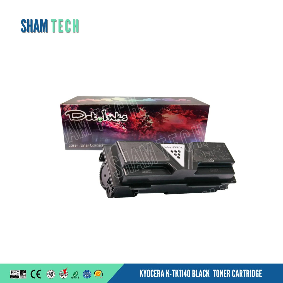 Product image of a black Kyocera K-TK1140 compatible laser toner cartridge, shown in front of its Dotinks box on a white background. The image includes the text “Kyocera K-TK1140 Black Toner Cartridge.”