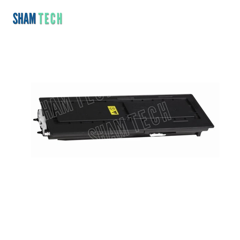 A black Kyocera K-TK435 laser toner cartridge without its box is displayed horizontally against a white background, featuring a rectangular plastic housing with white gears on the left end and a yellow warning label on top. The "SHAM TECH" logo appears in the top-left corner, and a large translucent "SHAM TECH" watermark is overlaid diagonally across the center of the image.