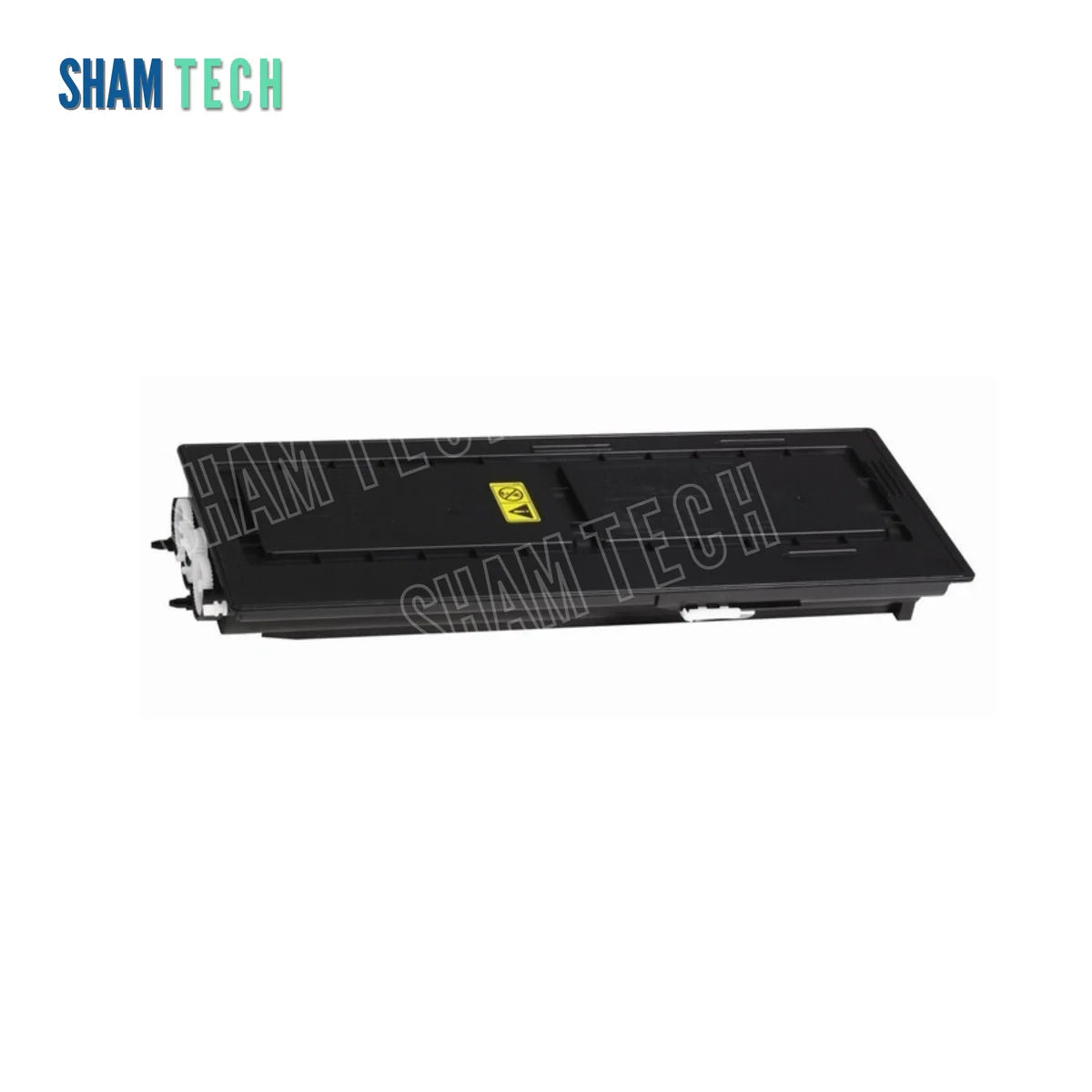 A black Kyocera K-TK435 laser toner cartridge without its box is displayed horizontally against a white background, featuring a rectangular plastic housing with white gears on the left end and a yellow warning label on top. The "SHAM TECH" logo appears in the top-left corner, and a large translucent "SHAM TECH" watermark is overlaid diagonally across the center of the image.