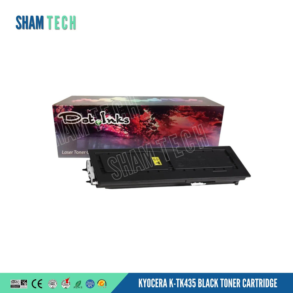 A black Kyocera K-TK435 laser toner cartridge is displayed horizontally in front of its product box against a white background. The product box behind it features a colorful, abstract floral graphic design with the "Dot Inks" logo and the text "Laser Toner Cartridge". A large translucent "SHAM TECH" watermark is overlaid diagonally across the center, and a bottom banner displays various compliance and certification logos alongside the text "KYOCERA K-TK435 BLACK TONER CARTRIDGE".