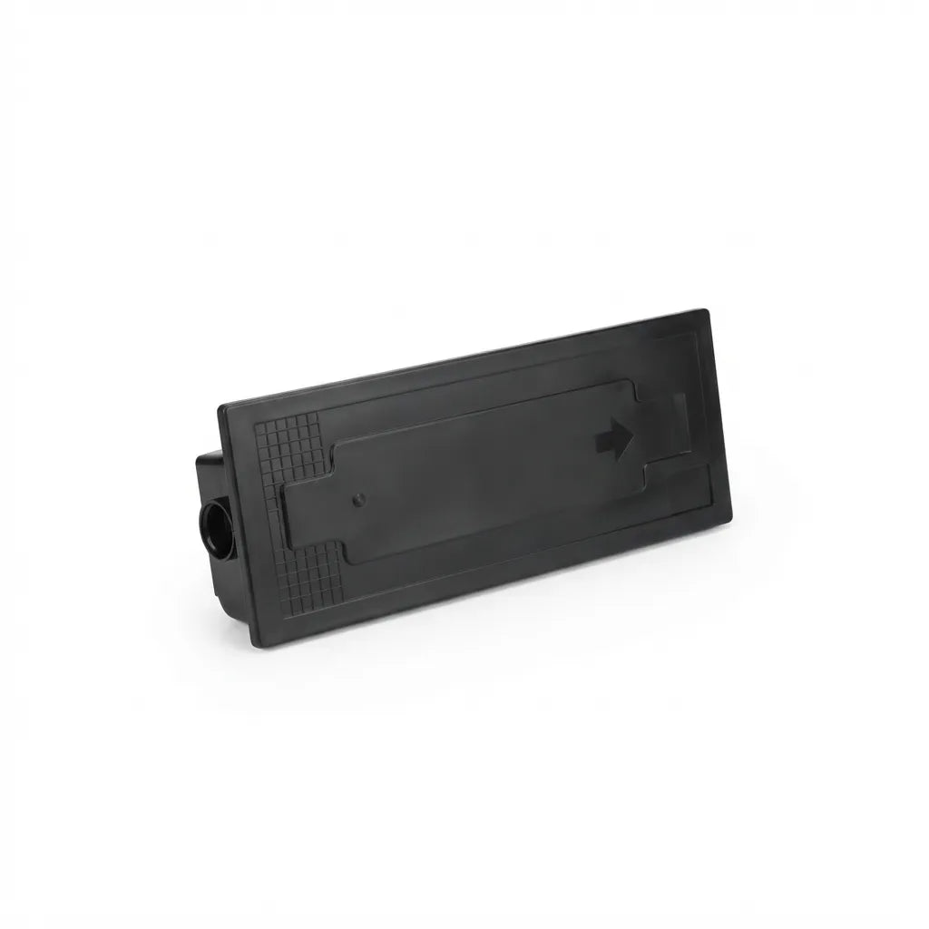 Kyocera TK410420 Black Toner cartridge without its box.Against a clean white background, a rectangular black waste toner box features a textured grid pattern, a central elongated latch with an directional arrow, and a circular side port.