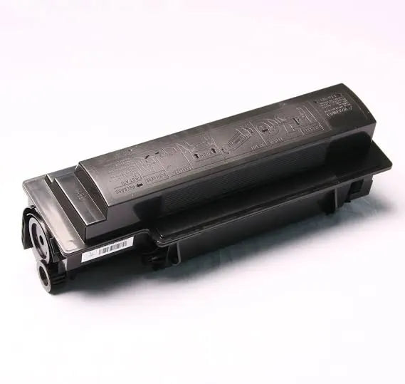 A black Kyocera K-TK350 laser toner cartridge is displayed horizontally without its box against a plain white background, featuring a molded rectangular plastic body with instructional graphics printed on top and a barcode label on the side.