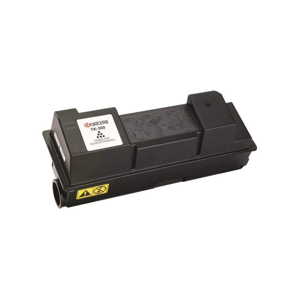 A black Kyocera TK-350 laser toner cartridge is displayed horizontally withou its box against a plain white background, featuring a molded rectangular plastic body with a white label reading "KYOCERA TK-350" on top, a yellow safety warning label on the side, and raised structural housing sections.