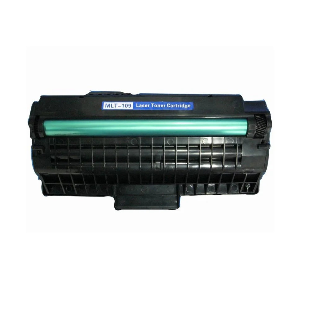 Samsung MLT-109 Laser Toner Cartridge without its box. In the foreground, a front-facing heavy-duty black laser toner unit featuring structured plastic housing, an exposed green OPC drum roller, and a blue label marked "MLT-109 Laser Toner Cartridge" rests against a clean white background.