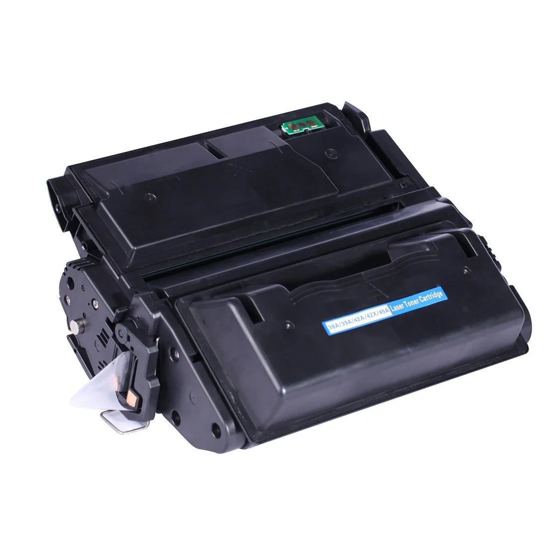 An HP Q1338A laser toner cartridge without its box. Angled centrally on a white background, the heavy-duty black laser toner unit features a structured plastic housing, top handle/feed guide assembly, exposed internal roller/drum slots, side gear and contact assemblies, protective sealing tape pull-tab with exposed contact point on the lower left, and a green electronic chip board visible along the top edge. A blue label on the front hopper reads "38A/39A/42A/42X/45A Laser Toner Cartridge".