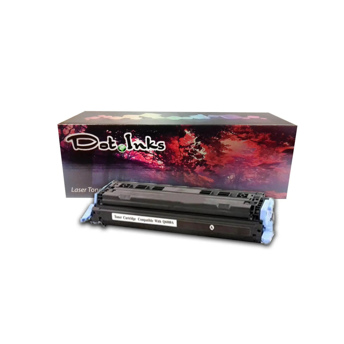 HP Q6470A laser toner cartridge features a black laser toner unit with light blue/cyan end caps, structured black plastic housing, precision gear/contact assemblies on both ends, and a central compatibility label, positioned horizontally in front of a "Dot Inks" retail box against a white background with a soft drop shadow.