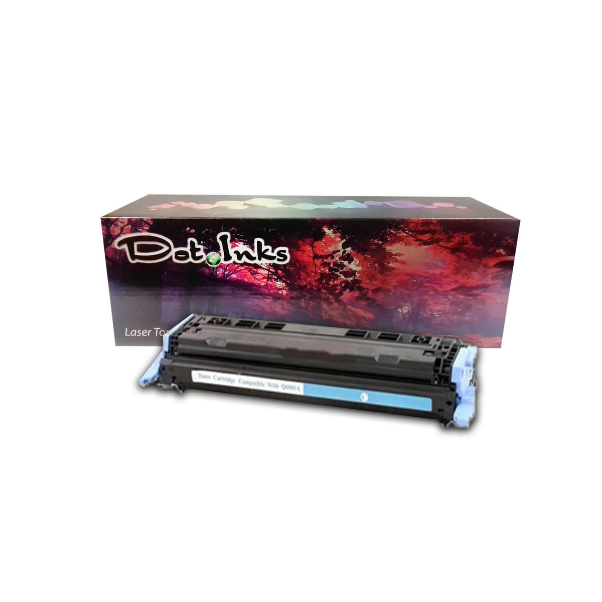 HP Q6471A laser toner cartridge features a black laser toner unit with light blue/cyan end caps, structured black plastic housing, precision gear/contact assemblies on both ends, and a central compatibility label, positioned horizontally in front of a "Dot Inks" retail box against a white background with a soft drop shadow.