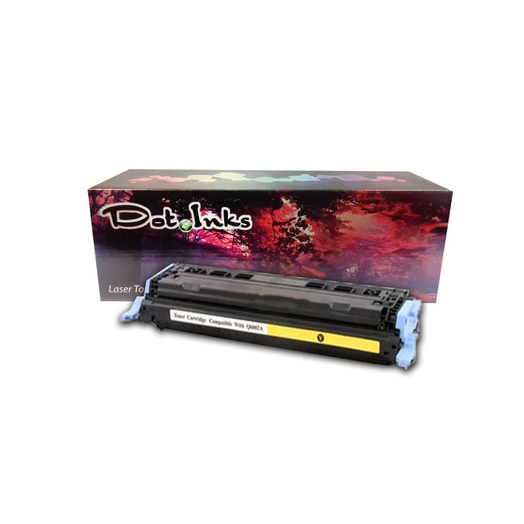 HP Q6472A laser toner cartridge features a black laser toner unit with light blue/cyan end caps, a yellow accent stripe/label along the structured plastic body, precision gear/contact assemblies on both ends, and a central compatibility label, positioned horizontally in front of a "Dot Inks" retail box against a white background with a soft drop shadow.
