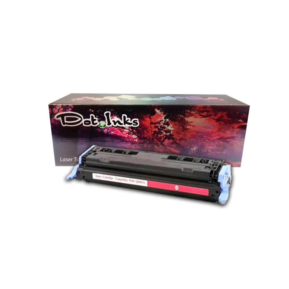 HP Q6473A laser toner cartridge features a black laser toner unit with light blue/cyan end caps, a magenta accent stripe/label along the structured plastic body, precision gear/contact assemblies on both ends, and a central compatibility label, positioned horizontally in front of a "Dot Inks" retail box against a white background with a soft drop shadow.