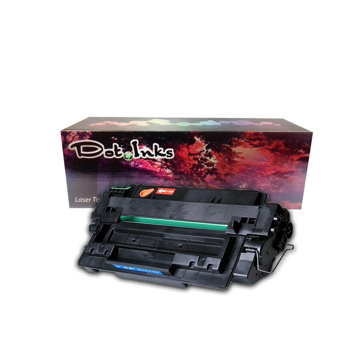 HP Q6511A Black Toner Cartridge. In the foreground, an angled heavy-duty black laser toner unit featuring an exposed green OPC drum roller, an orange pull-tab/seal with directional arrow iconography, structured plastic housing with molded installation diagrams, side gear/spring assemblies, and a blue front label rests against a soft drop shadow on a white background, positioned in front of a "Dot Inks" branded retail packaging box.
