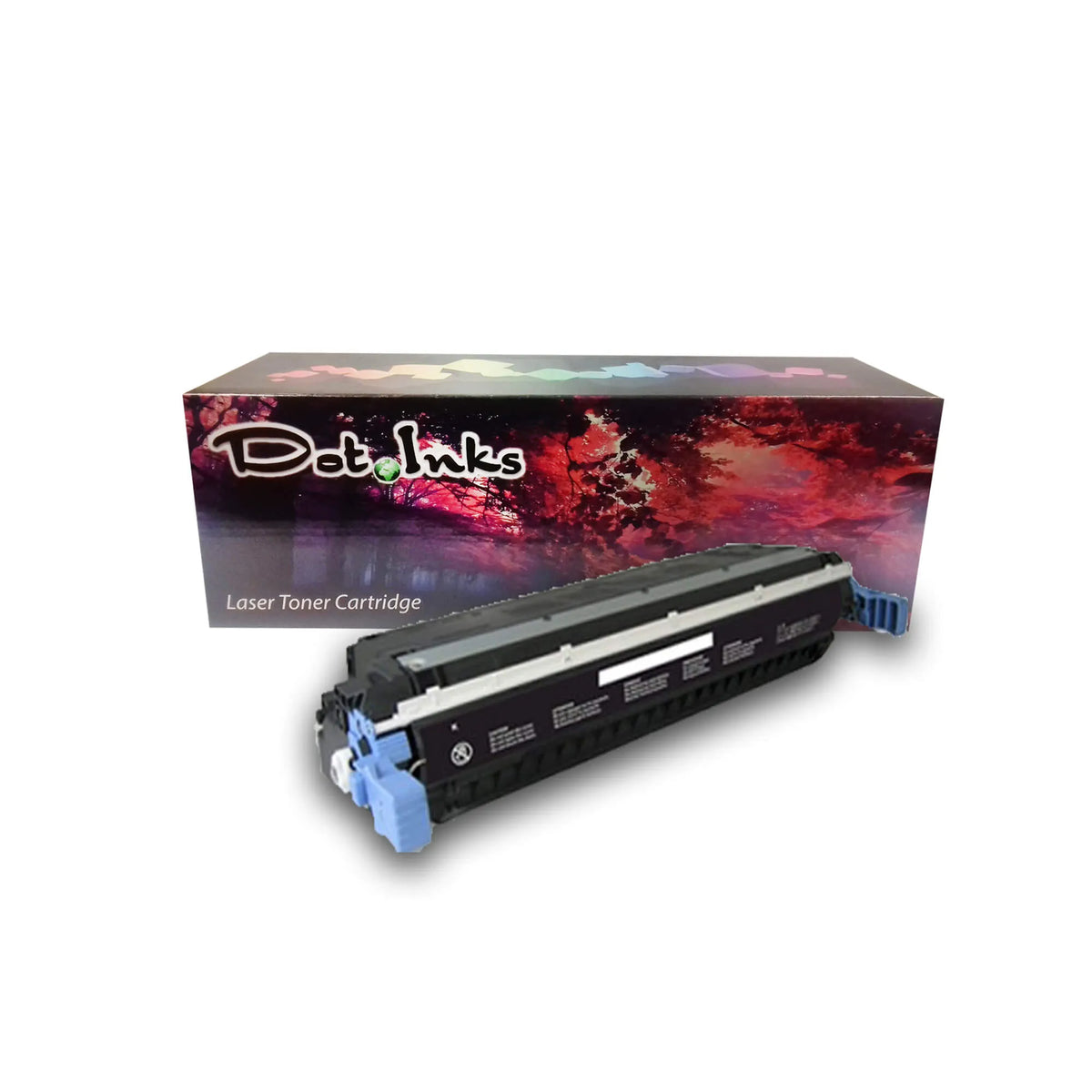 HP Q9730A Black Replacement Color LaserJet Print Cartridge. In the foreground, an angled heavy-duty black laser toner unit with structured housing, light blue end-cap/lever assemblies, a silver/light upper rail accent, and a black/dark protective or handling wrap with warning/caution iconography rests before a "Dot Inks" branded retail packaging box on a white background with a soft drop shadow.