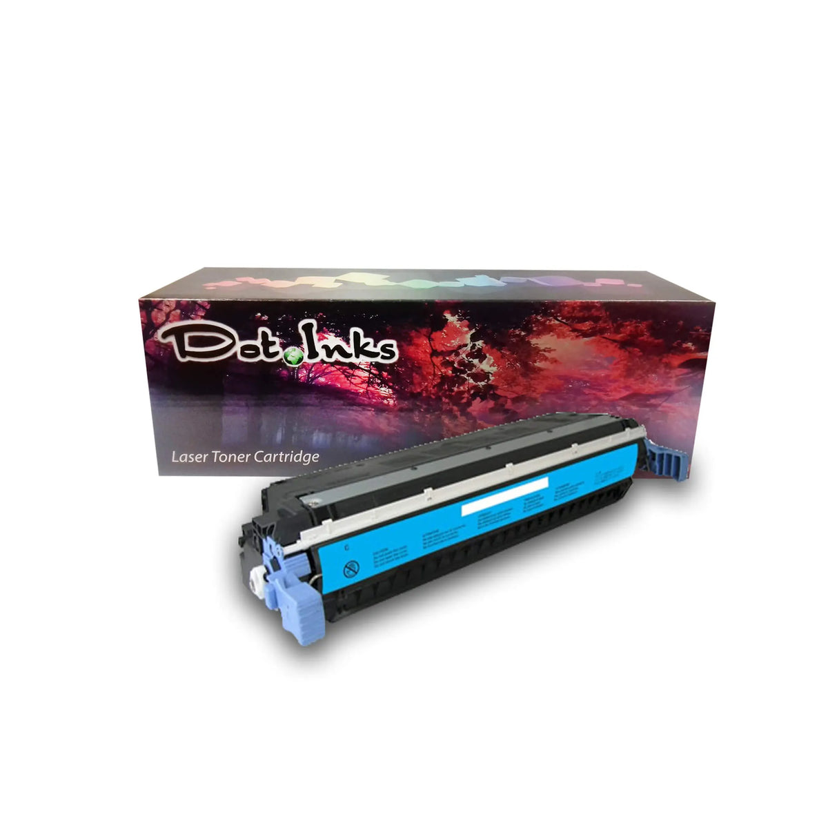 HP Q9731A Cyan Replacement Color LaserJet Print Cartridge. In the foreground, an angled heavy-duty black laser toner unit with structured housing, light blue end-cap/lever assemblies, a silver/light upper rail accent, and a cyan protective/handling wrap or label marked with warning/caution iconography rests before a "Dot Inks" branded retail packaging box on a white background with a soft drop shadow.