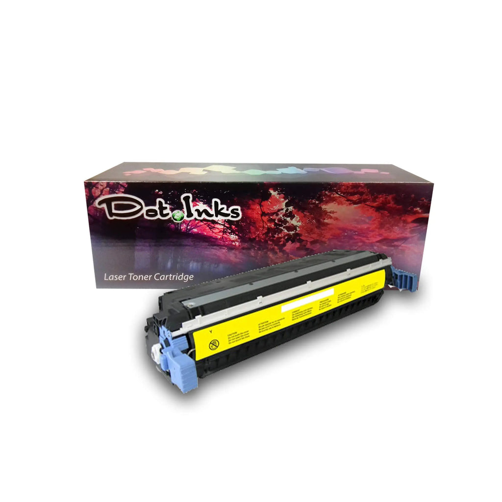 HP Q9732A Yellow Replacement Color LaserJet Print Cartridge. In the foreground, an angled heavy-duty black laser toner unit with structured housing, light blue end-cap/lever assemblies, a silver/light upper rail accent, and a yellow protective/handling wrap with warning/caution iconography rests before a "Dot Inks" branded retail packaging box on a white background with a soft drop shadow.