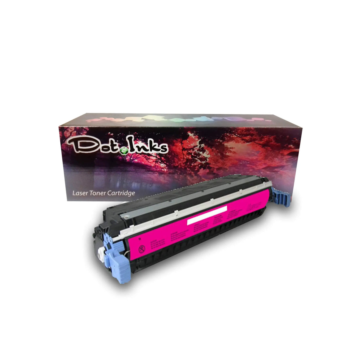 HP Q9733A Magenta Replacement Color LaserJet Print Cartridge. In the foreground, an angled heavy-duty black laser toner unit with structured housing, light blue end-cap/lever assemblies, a silver/light upper rail accent, and a magenta protective/handling wrap with warning/caution iconography rests before a "Dot Inks" branded retail packaging box on a white background with a soft drop shadow. 