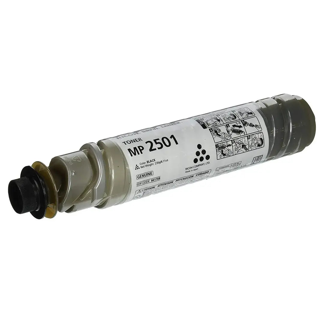 A single light grey toner bottle is displayed horizontally without its box against a plain white background. The bottle features a ribbed cylindrical body, a black cap assembly on the left end, and a white label around the center printed with product details, warning text, and the text "TONER MP 2501".