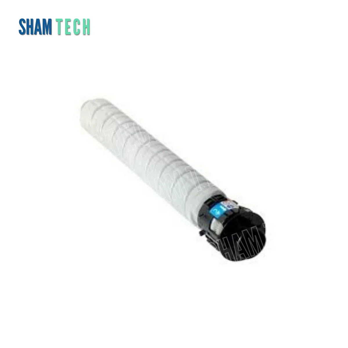 A long, light grey toner bottle is positioned diagonally without its box against a plain white background, featuring a ribbed cylindrical body and a black cap assembly on its lower-right end with a small blue instructional sticker. The top-left corner displays the "SHAM TECH" logo, and a large translucent "SHAM TECH" watermark is overlaid diagonally across the center of the image.