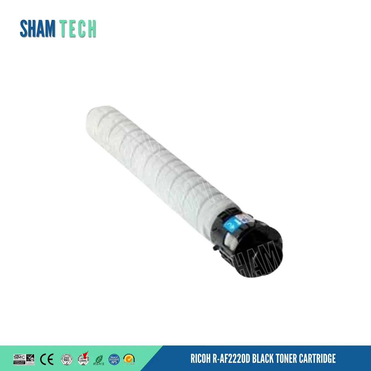 A long, light grey toner bottle is positioned diagonally without its box against a plain white background, featuring a ribbed cylindrical body and a black cap assembly on its lower-right end with a small blue instructional sticker. The top-left corner displays the "SHAM TECH" logo, a large translucent "SHAM TECH" watermark is overlaid diagonally across the centre, and a bottom banner displays various compliance and certification logos alongside the text "RICOH R-AF2220D BLACK TONER CARTRIDGE".