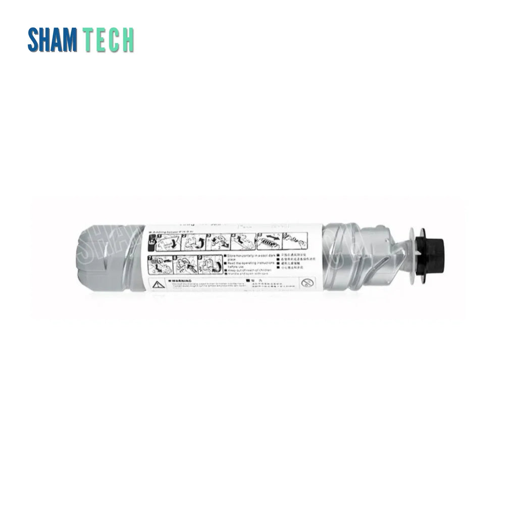A single light grey toner bottle is positioned horizontally without its box against a plain white background. The bottle features a ribbed cylindrical body, a black cap assembly on the right end, and a white label wrapped around the center printed with instructional diagrams and warning text. The "SHAM TECH" logo is in the top-left corner, and a large translucent "SHAM TECH" watermark is overlaid diagonally across the center of the image.