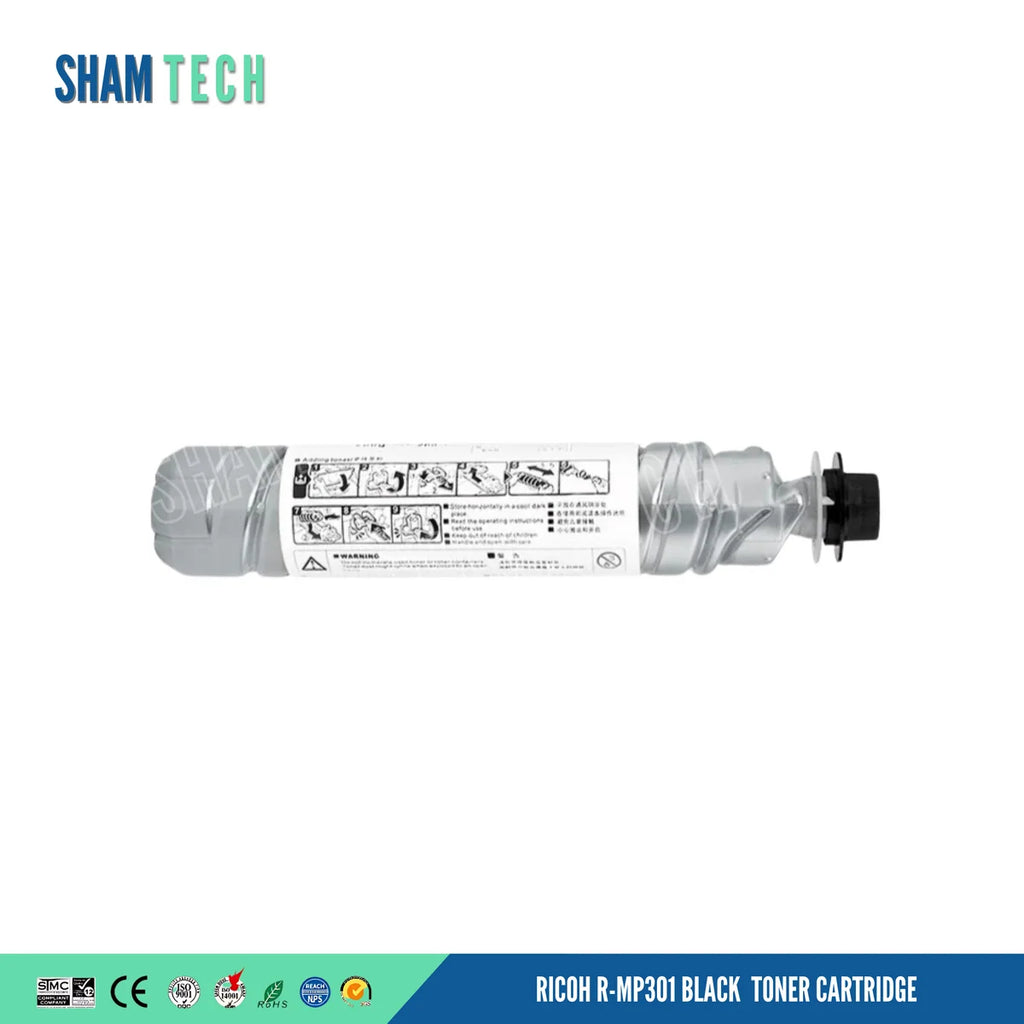 A single light grey toner bottle is positioned horizontally without its box against a plain white background. The bottle features a ribbed cylindrical body, a black cap assembly on the right end, and a white label wrapped around the center printed with instructional diagrams and warning text. a large translucent "SHAM TECH" watermark is overlaid diagonally across the center, and a bottom banner displays various compliance and certification logos alongside the text "RICOH R-MP301 BLACK TONER CARTRIDGE".