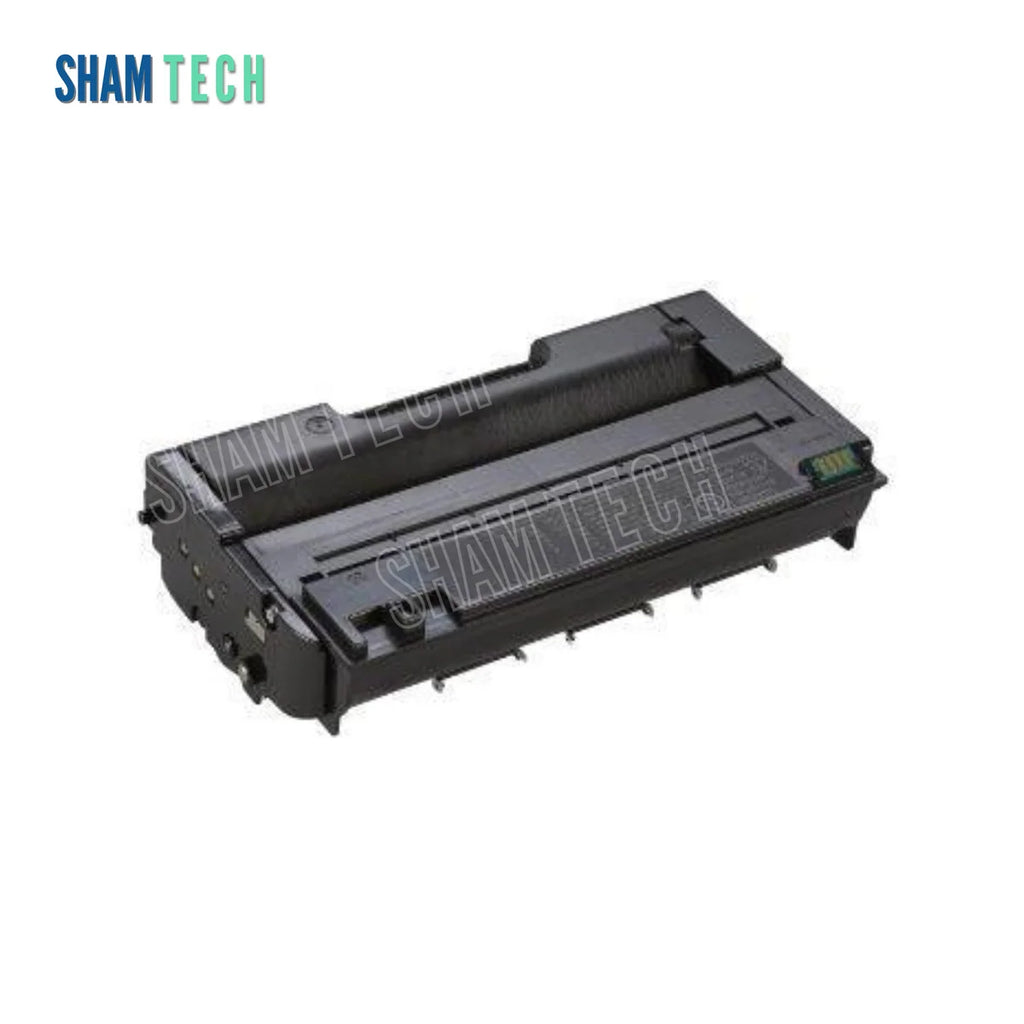 A black laser toner cartridge is displayed horizontally without its box against a plain white background. The compact, rectangular plastic cartridge features molded structural contours and a small green chip visible on the right end. The top-left corner shows the "SHAM TECH" logo, and a large translucent "SHAM TECH" watermark is overlaid diagonally across the center of the image.