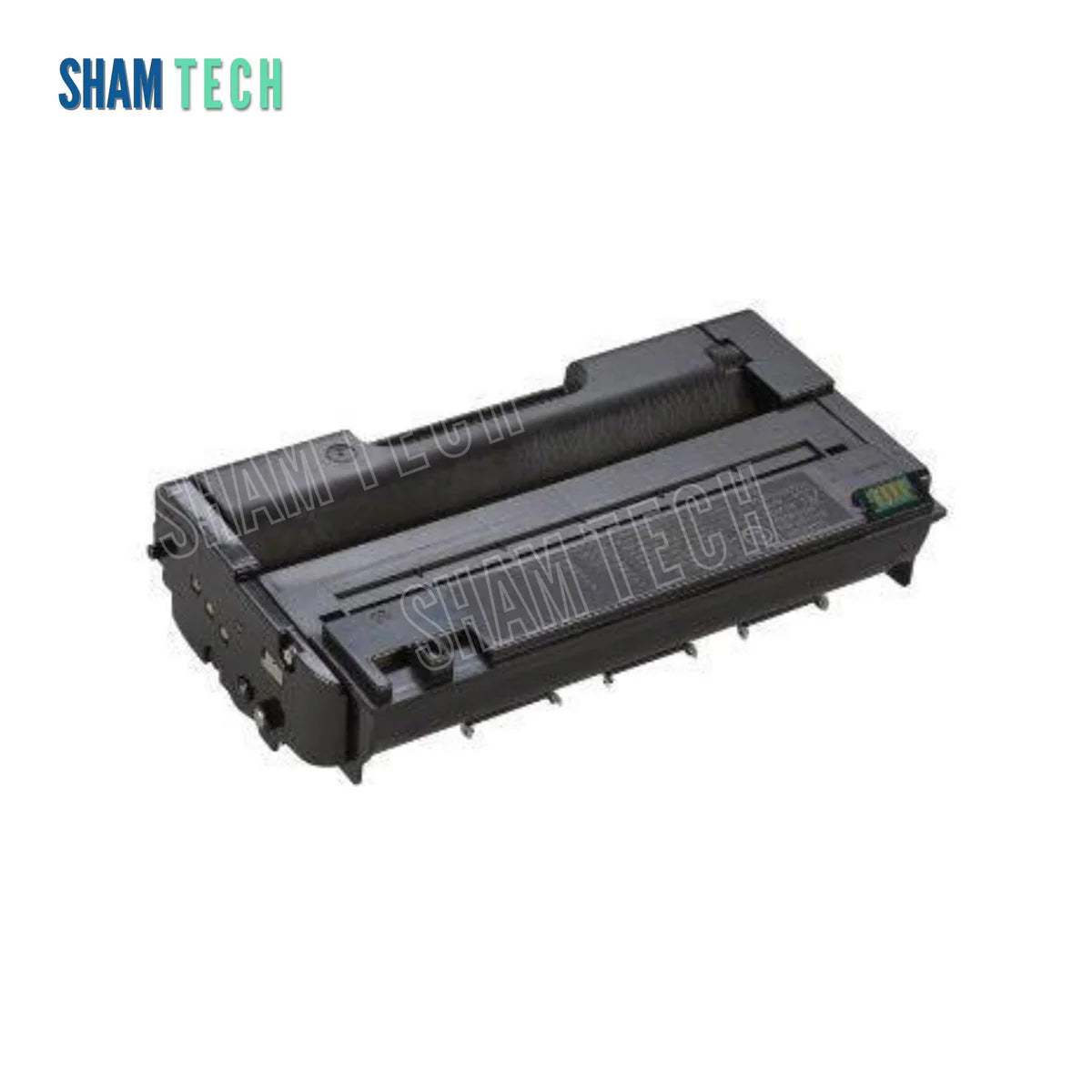 A black laser toner cartridge is displayed horizontally without its box against a plain white background. The compact, rectangular plastic cartridge features molded structural contours and a small green chip visible on the right end. The top-left corner shows the "SHAM TECH" logo, and a large translucent "SHAM TECH" watermark is overlaid diagonally across the center of the image.