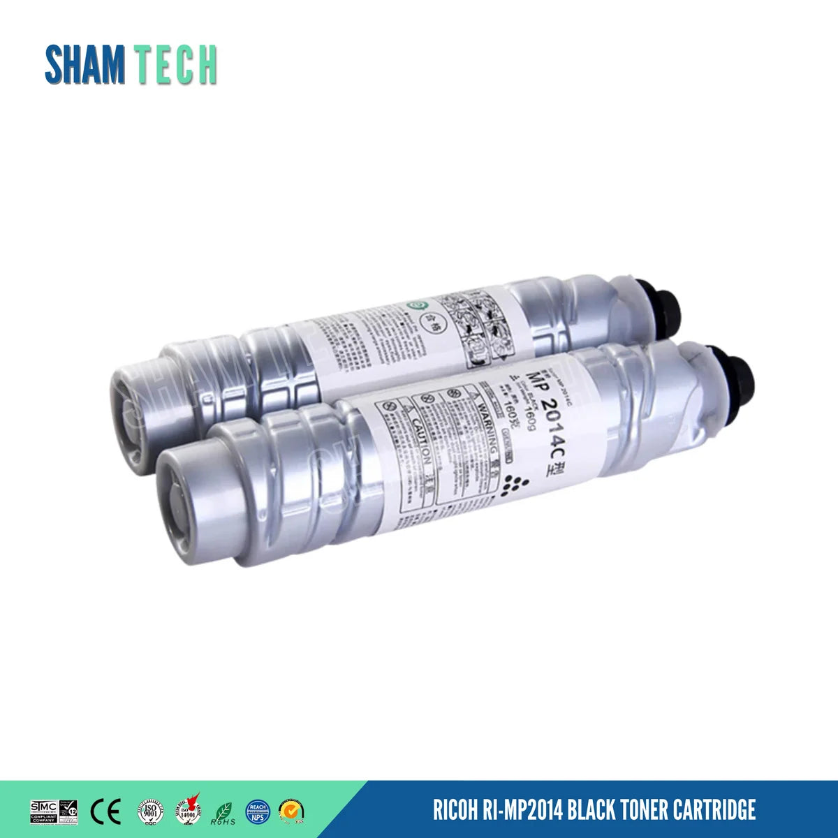 Two silver toner bottles rest horizontally, stacked slightly staggered without their box against a white background. Each bottle features a ribbed cylindrical body, a black cap on the right end, and a white label around the center printed with product details, warning icons, and the text "MP 2014C 型", and a bottom banner displays various compliance and certification logos alongside the text "RICOH RI-MP2014 BLACK TONER CARTRIDGE".