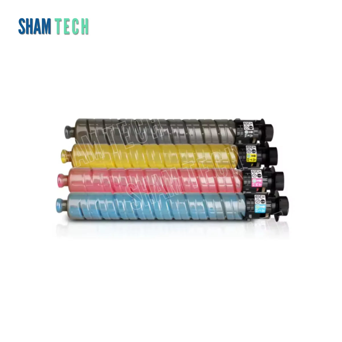 A set of four color toner cartridges—black, yellow, magenta, and cyan—is stacked horizontally without their box against a plain white background. Each cylindrical, ribbed plastic bottle features a black cap assembly on the right end and color-coded labeling near the tip. The "SHAM TECH" logo appears in the top-left corner, and a large translucent "SHAM TECH" watermark is overlaid diagonally across the center of the image.