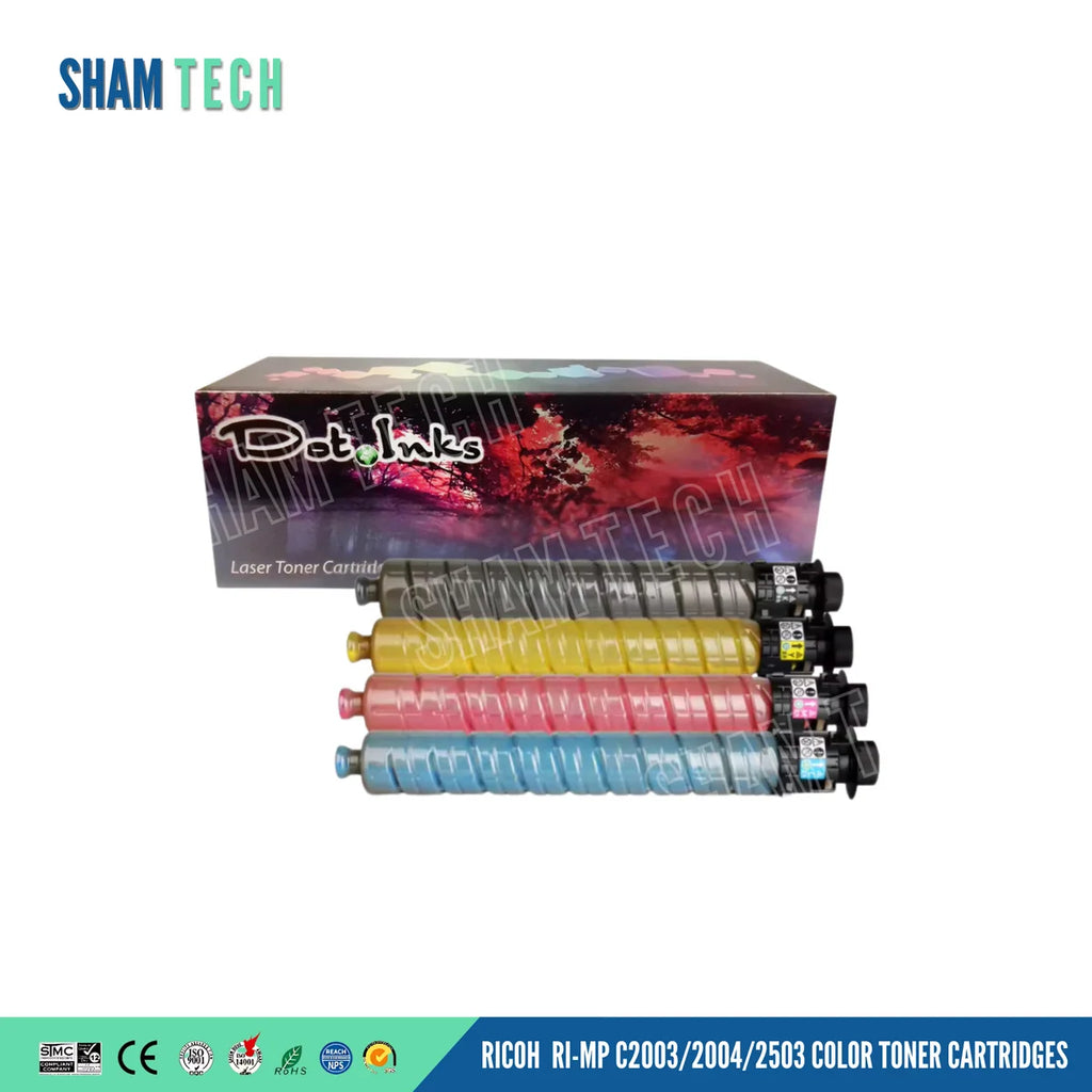 A set of four color toner cartridges—black, yellow, magenta, and cyan—is arranged horizontally in front of their product box against a white background. The product box features a colorful abstract floral design with the "Dot Inks" logo and the text "Laser Toner Cartridge". a large translucent "SHAM TECH" watermark is overlaid diagonally across the center, and a bottom banner displays compliance logos alongside the text "RICOH RI-MP C2003/2004/2503 COLOR TONER CARTRIDGES".