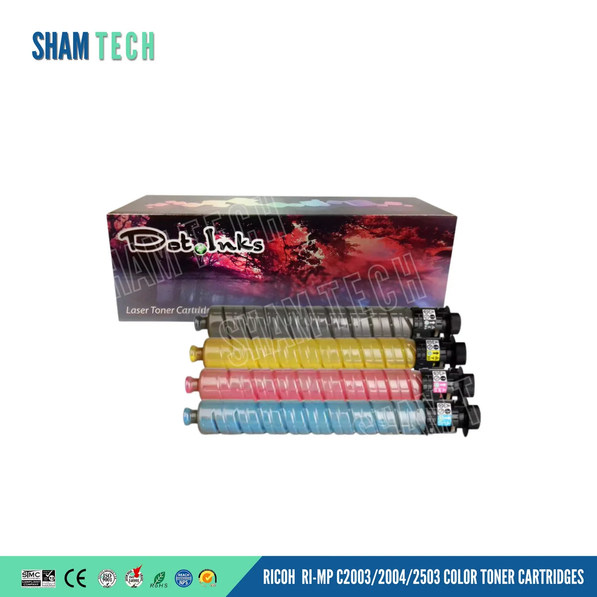 A set of four color toner cartridges—black, yellow, magenta, and cyan—is arranged horizontally in front of their product box against a white background. The product box features a colorful abstract floral design with the "Dot Inks" logo and the text "Laser Toner Cartridge". a large translucent "SHAM TECH" watermark is overlaid diagonally across the center, and a bottom banner displays compliance logos alongside the text "RICOH RI-MP C2003/2004/2503 COLOR TONER CARTRIDGES".