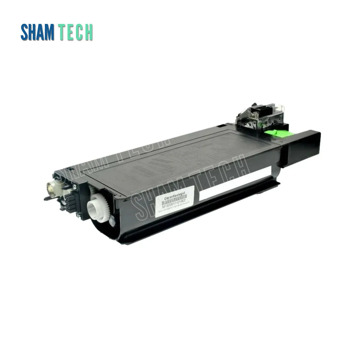 A black Sharp SP-AR016 laser toner cartridge is displayed horizontally without its box against a white background, featuring an elongated rectangular plastic body with mechanical gears and a white warranty sticker on the side. The "SHAM TECH" logo appears in the top-left corner, and a large translucent "SHAM TECH" watermark is overlaid diagonally across the center of the image.