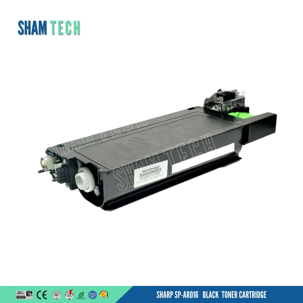 A black Sharp SP-AR016 laser toner cartridge is displayed horizontally without its box against a white background, featuring an elongated rectangular plastic body with mechanical gears and a white warranty sticker on the side. The "SHAM TECH" logo appears in the top-left corner, a large translucent "SHAM TECH" watermark is overlaid diagonally across the center, and a bottom banner displays compliance and certification logos alongside the text "SHARP SP-AR016 BLACK TONER CARTRIDGE".
