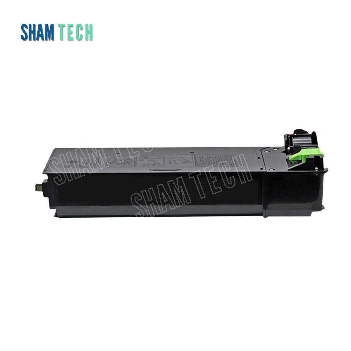 Sharp SP-MX235 Black Toner Cartridge without its box. Against a clean white background featuring the SHAM TECH logo in the upper-left corner, a single black rectangular toner cartridge unit with a green locking lever mechanism on the right side is displayed in the center.