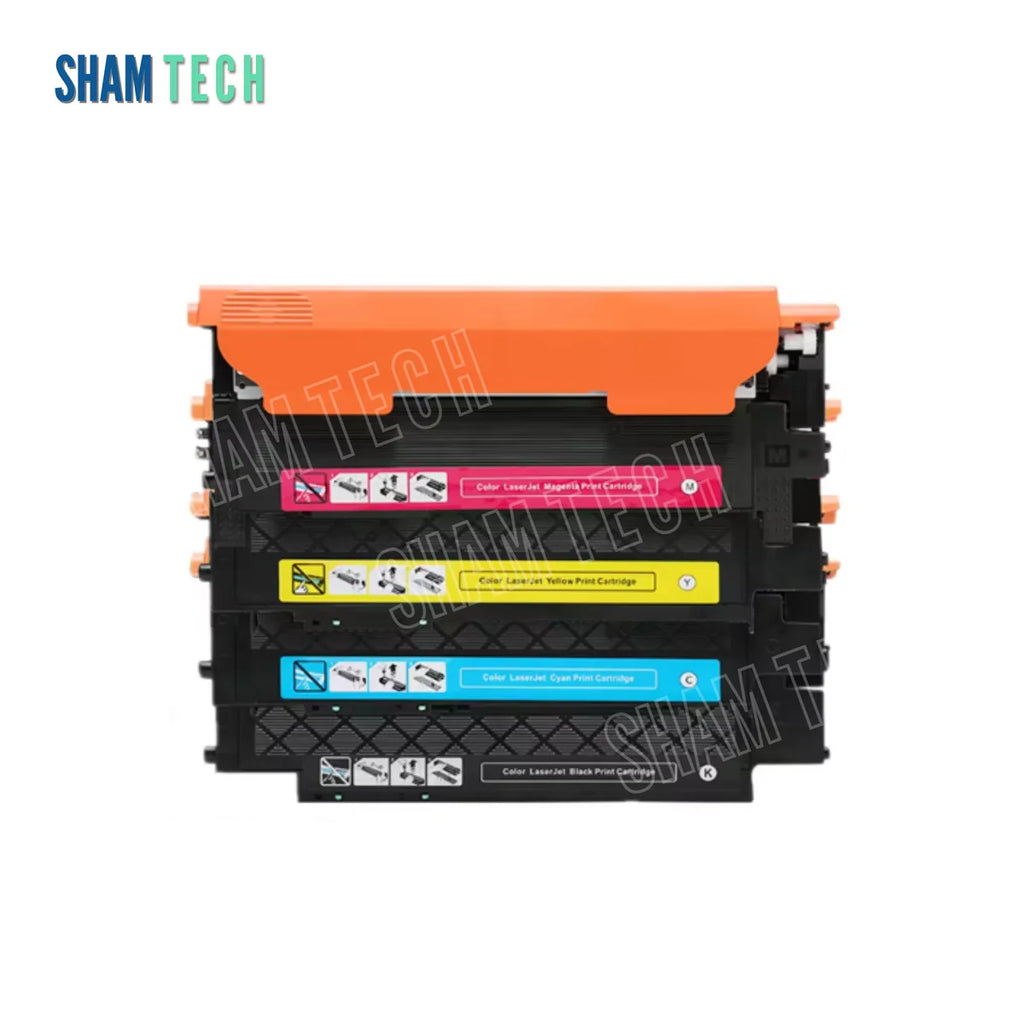 A SAMSUNG CLT-K404S/CLT-C404S/CLT-Y404S/CLT-M404S toner set features four stacked laser toner cartridges without their box, viewed straight-on against a white background. The units feature black housings with a large orange protective top cover, molded side handles, and color-coded labels for magenta, yellow, cyan, and black. The "SHAM TECH" logo appears in the top-left corner, and a large translucent "SHAM TECH" watermark is overlaid diagonally across the center of the image.