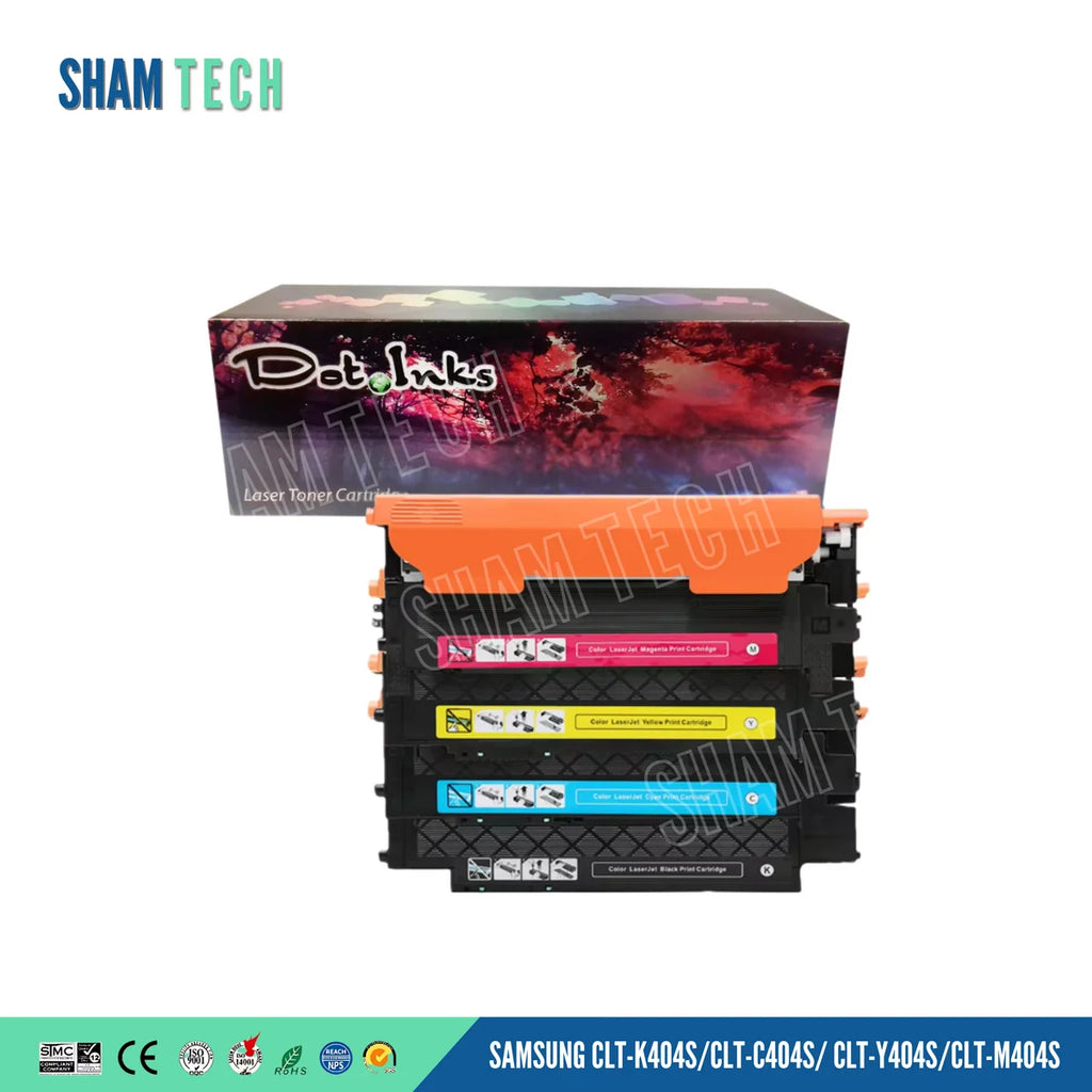 A SAMSUNG CLT-K404S/CLT-C404S/CLT-Y404S/CLT-M404S" toner set features four stacked laser toner cartridges positioned in front of a "Dot Inks" retail box against a white background. The cartridges feature black housings with a large orange protective top cover, molded side handles, and color-coded labels for magenta, yellow, cyan, and black. and a bottom banner displays compliance and certification logos alongside the product name.
