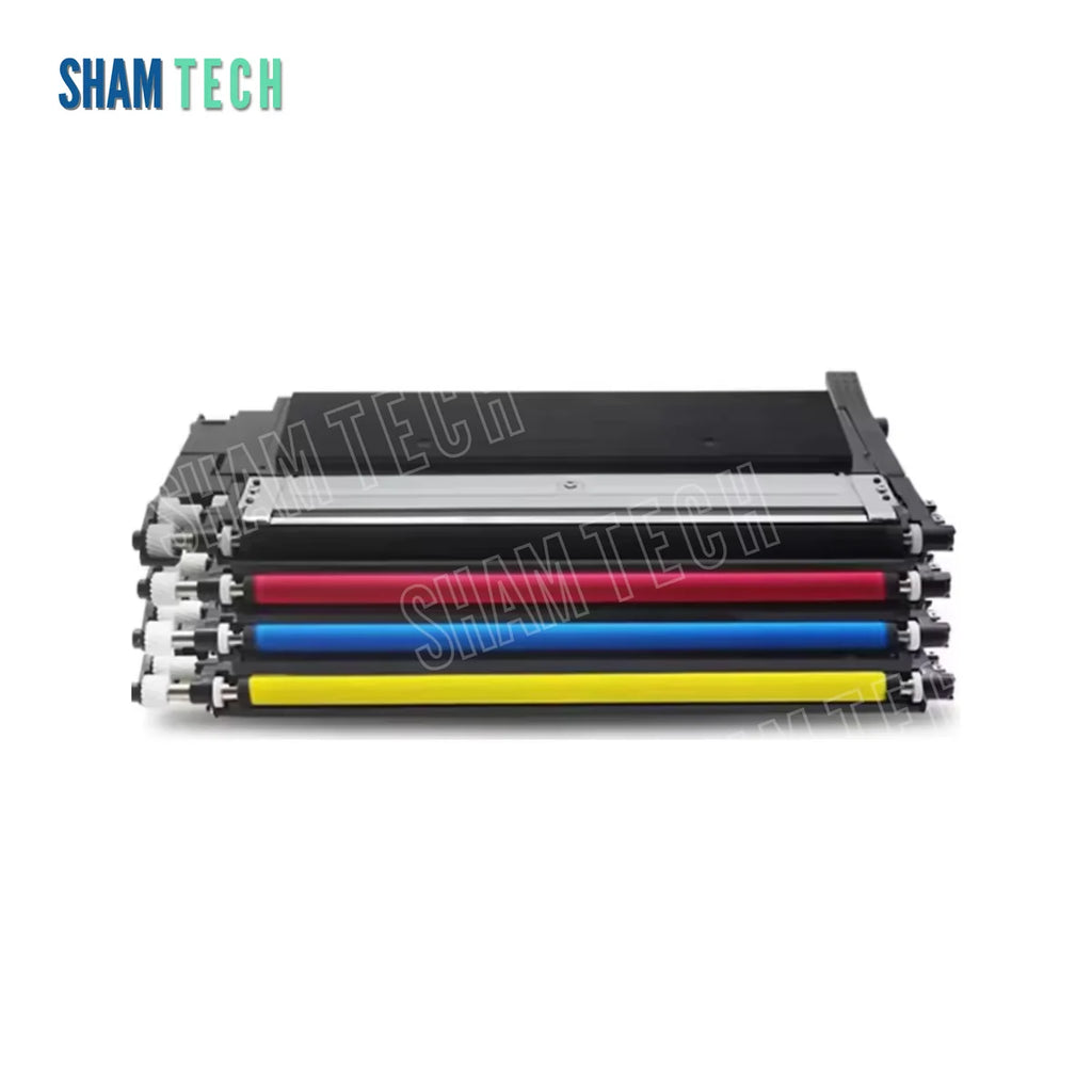 A SAMSUNG CLT-K404S/CLT-C404S/CLT-Y404S/CLT-M404S" toner set features four stacked laser toner cartridges without their box viewed from the front against a white background, highlighting their black plastic housings, gear teeth, and distinct magenta, cyan, and yellow roller assemblies. and a large translucent "SHAM TECH" watermark is overlaid diagonally across the center of the image.