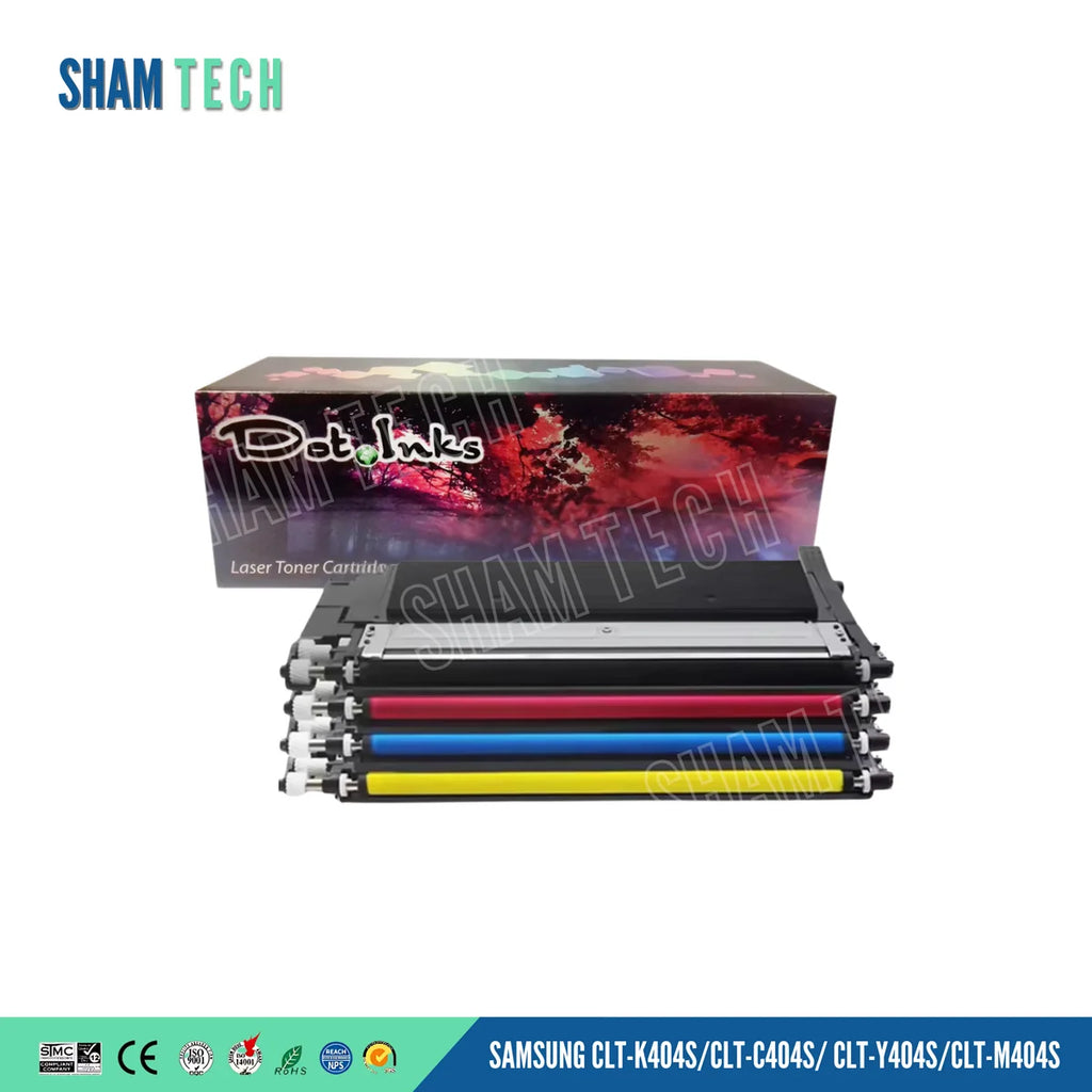 A SAMSUNG CLT-K404S/CLT-C404S/CLT-Y404S/CLT-M404S toner set features four stacked laser toner cartridges positioned horizontally in front of a "Dot Inks" retail box against a white background. The units feature black housings with metallic roller assemblies along the front and color-coded rollers or labels. A bottom banner displays compliance and certification logos alongside the product name.
