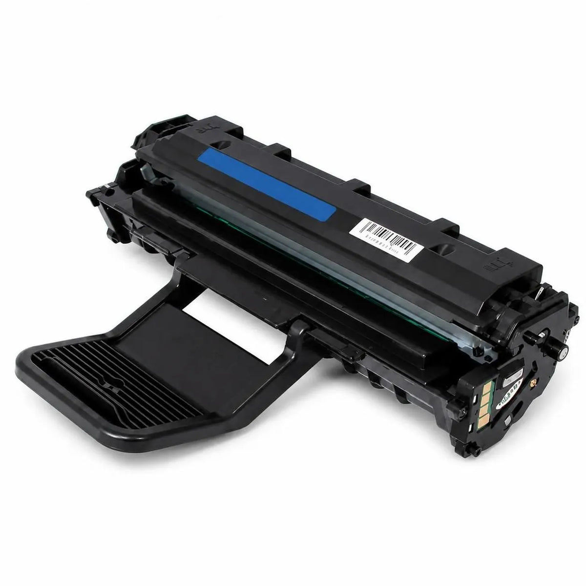 A standalone black Samsung laser printer cartridge is displayed diagonally without its box against a white background, featuring a folding black handle extending forward, a blue protective strip across the top housing, and a barcode label. A diagonal translucent "SHAM TECH" watermark is overlaid across the image.