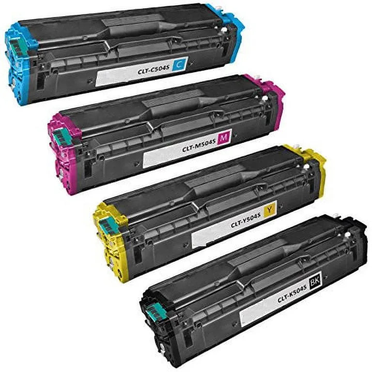 Four compatible Samsung color laser toner cartridges arranged diagonally in a cascading stack without their box against a white background, including models CLT-C504S (cyan), CLT-M504S (magenta), CLT-Y504S (yellow), and CLT-K504S (black) with corresponding color-coded end caps and white identification labels. 