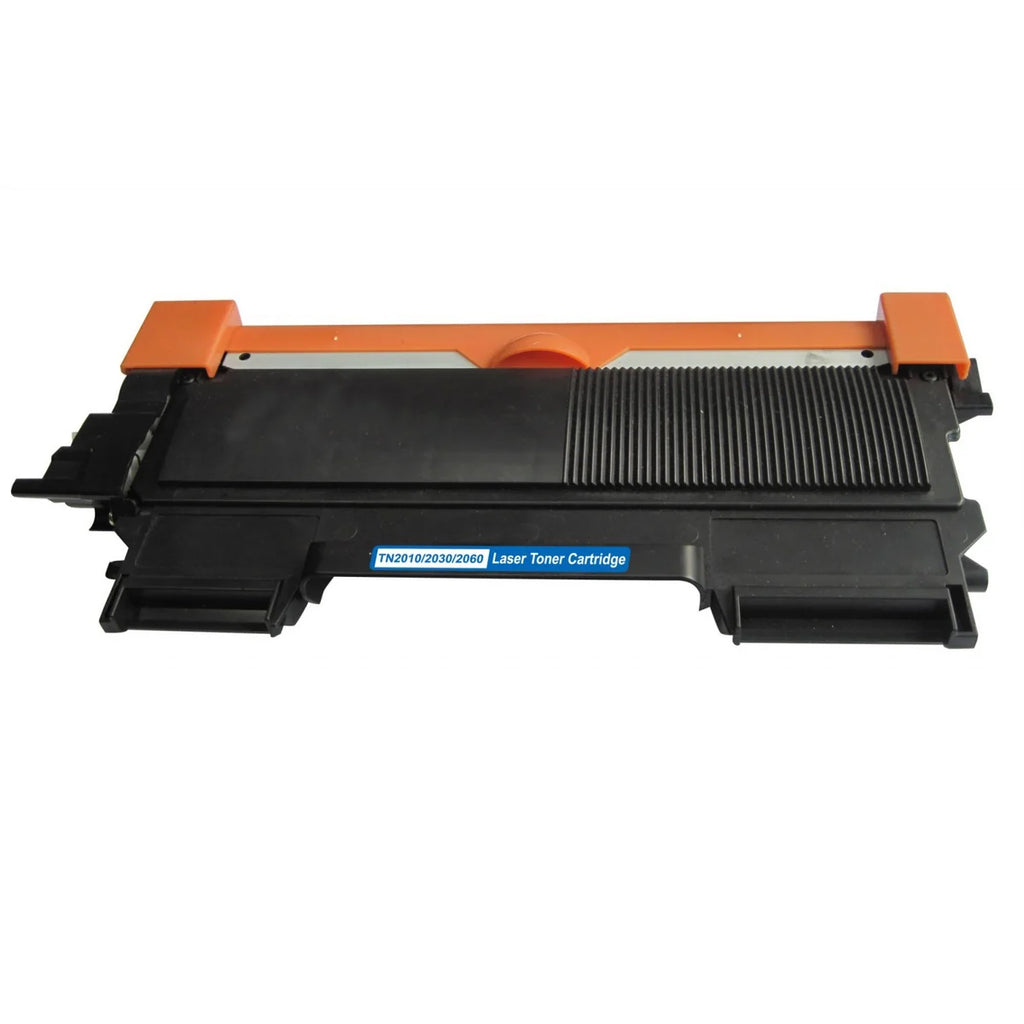 A standalone black laser printer cartridge is displayed horizontally without its box against a white background, featuring a ribbed dark plastic housing with an orange protective cover along the top and a blue label reading "TN2010/2030/2060 Laser Toner Cartridge". A diagonal translucent "SHAM TECH" watermark is overlaid across the image.