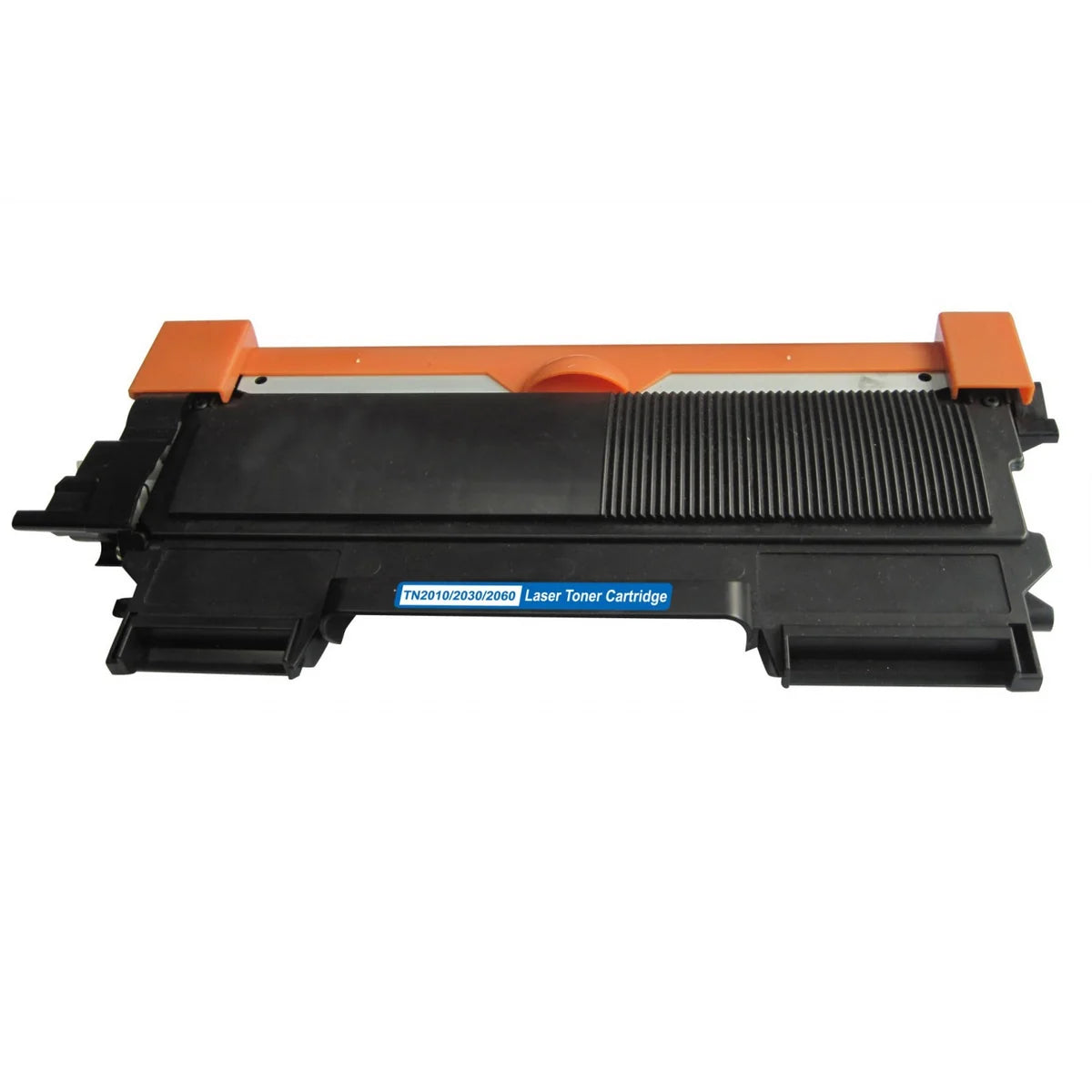 A standalone black laser printer cartridge is displayed horizontally without its box against a white background, featuring a ribbed dark plastic housing with an orange protective cover along the top and a blue label reading "TN2010/2030/2060 Laser Toner Cartridge". A diagonal translucent "SHAM TECH" watermark is overlaid across the image.