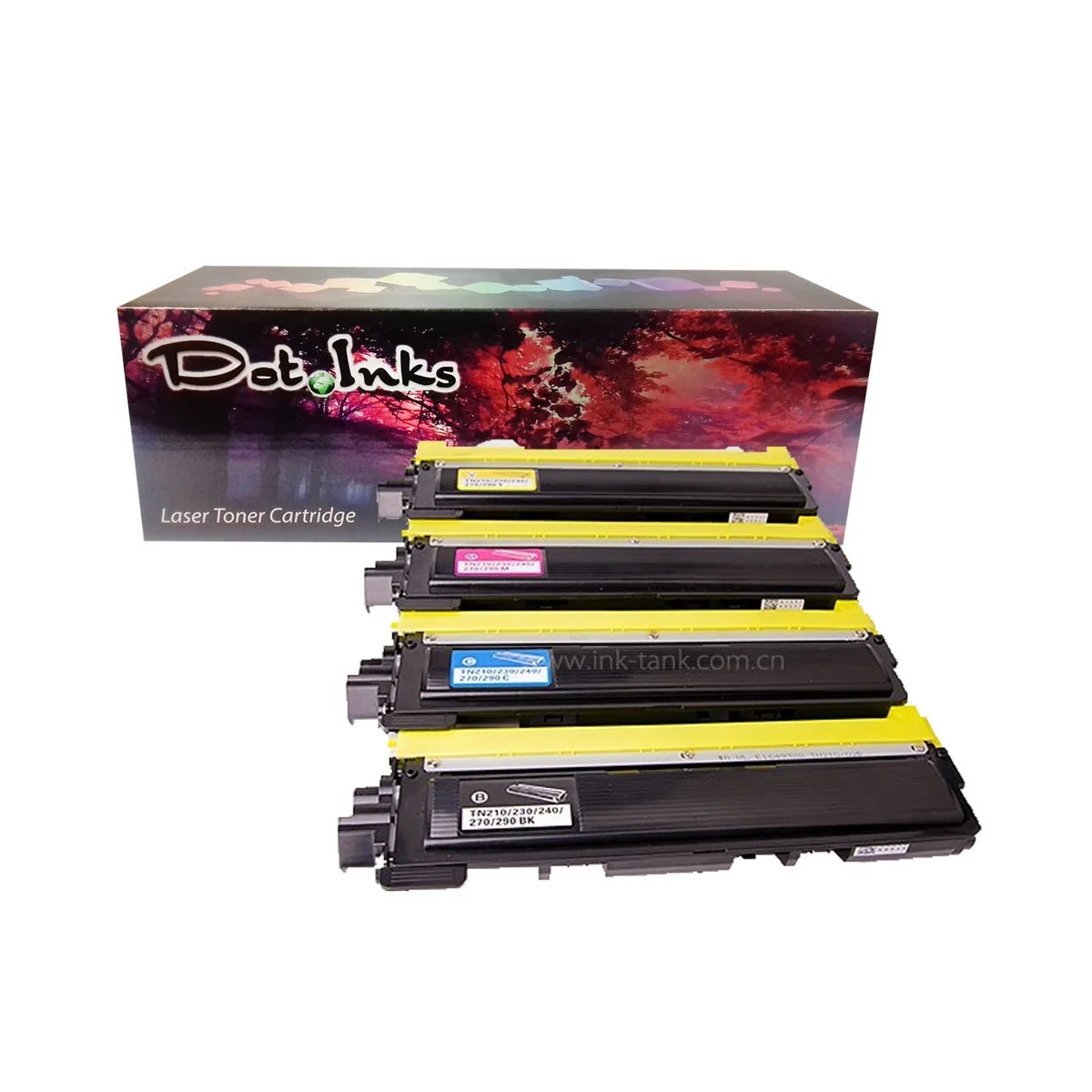 A complete set of four Dot Inks laser toner cartridges arranged vertically in front of their retail packaging box. The set includes all four CMYK colors, stacked from top to bottom: Yellow (TN210/230/240/270/290 Y), Magenta (TN210/230/240/270/290 M), Cyan (TN210/230/240/270/290 C), and Black (TN210/230/240/270/290 BK). Each cartridge has a yellow protective frame edge and color-coded model label, set against the background box displaying the Dot Inks logo and red-and-purple forest graphic.
