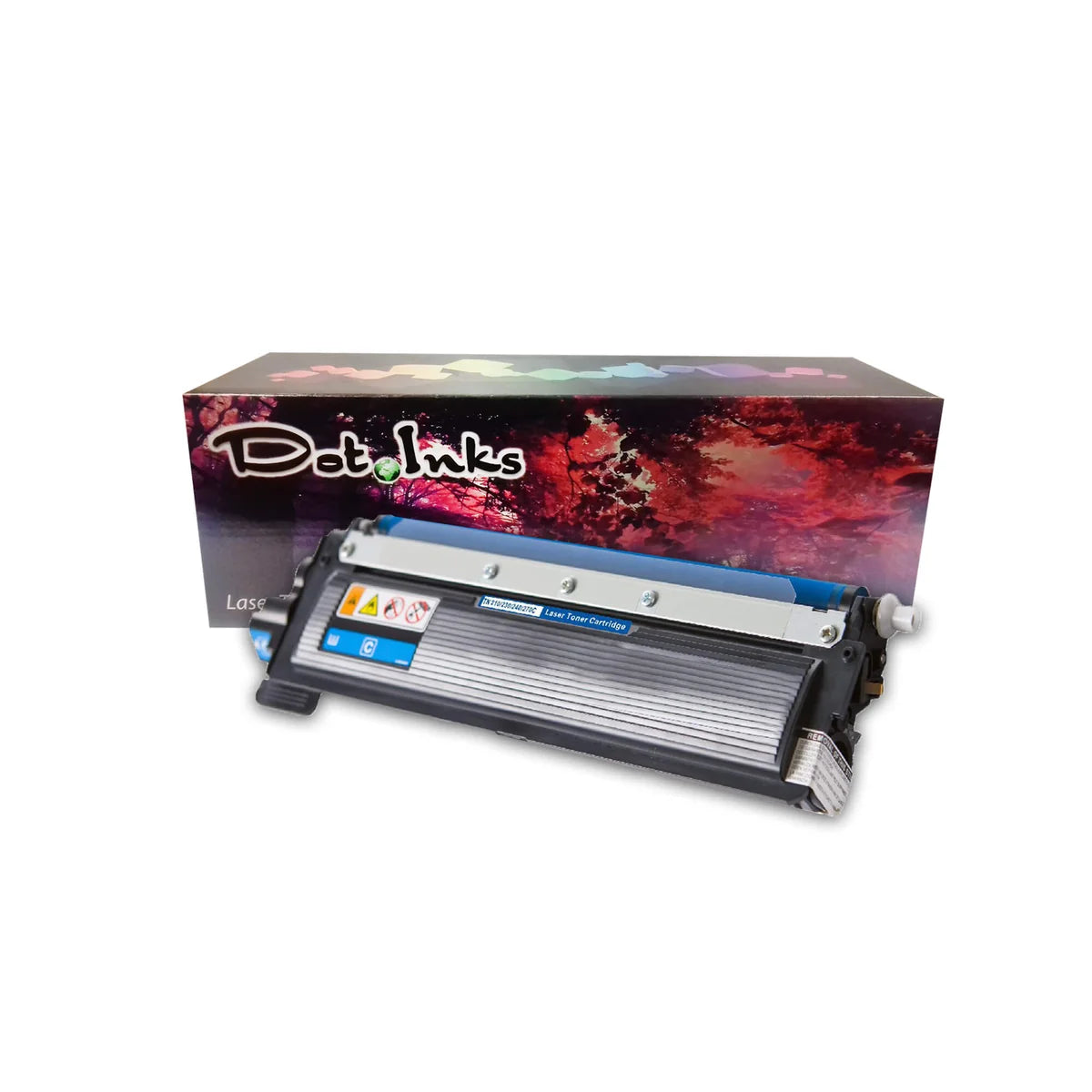 A cyan (blue) Dot Inks laser toner cartridge (model TN-210/230/240/270C) positioned in front of its matching retail packaging box. The cartridge features a blue roller assembly, warning icons, and a blue label, while the background box displays a red-and-purple forest graphic beneath the Dot Inks branding header.