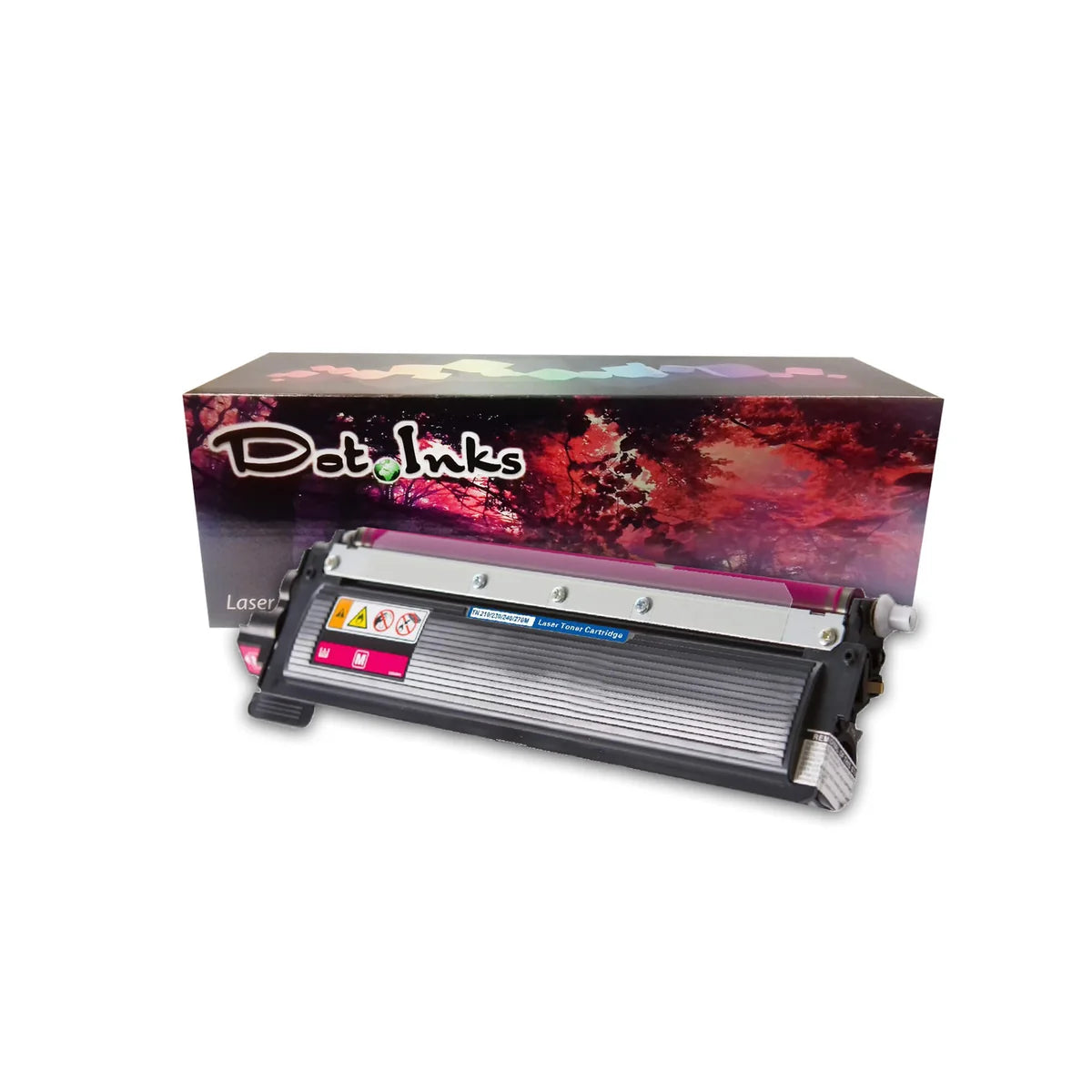 A magenta (pink) Dot Inks laser toner cartridge (model TN-210/230/240/270M) positioned in front of its matching retail packaging box. The cartridge features a magenta roller assembly, safety caution icons, and a magenta label marked with an "M", while the background box displays a red-and-purple autumn forest scene with the Dot Inks logo.