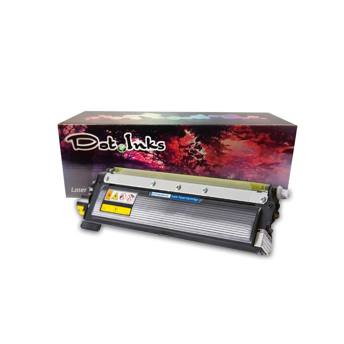 A yellow Dot Inks laser toner cartridge (model TN-210/230/240/270Y) positioned in front of its matching retail packaging box. The cartridge features a yellow roller assembly, safety caution icons, and a yellow label marked with a "Y", while the background box displays a red-and-purple forest scene beneath the Dot Inks logo.