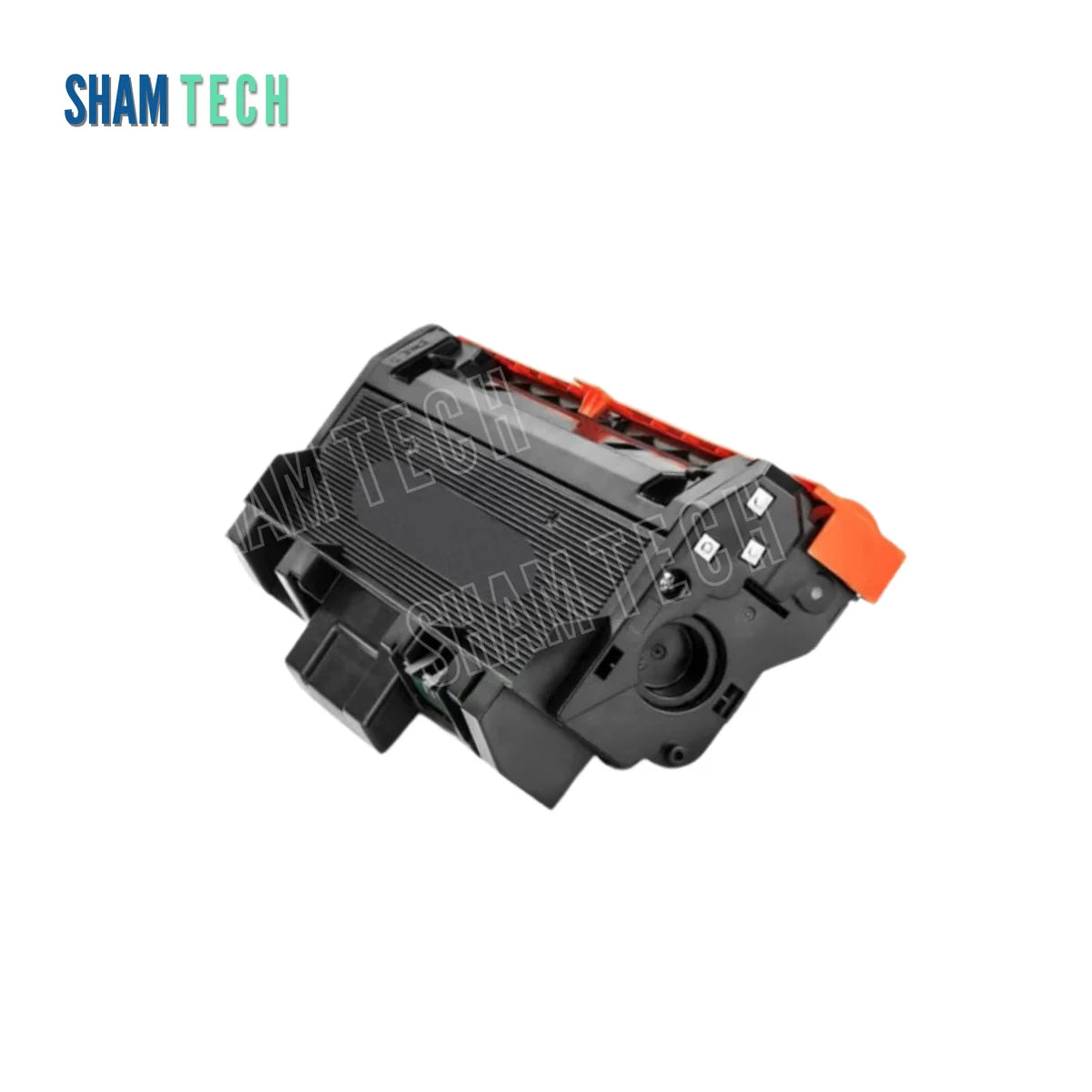 A standalone black Xerox 3225 laser toner cartridge without its box is displayed diagonally against a white background, featuring a durable black plastic housing, an orange protective cover, a side gear mechanism, and contact pins. The "SHAM TECH" logo appears in the top-left corner, and a large translucent "SHAM TECH" watermark is overlaid diagonally across the image.