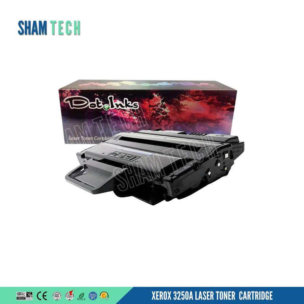 A XEROX 3250A LASER TONER CARTRIDGE" features a black laser toner cartridge positioned horizontally in front of a "Dot Inks" retail box against a white background. The unit features a durable black plastic housing with a wide integrated handle and contact pins on the side. A large translucent "SHAM TECH" watermark is overlaid diagonally across the image, and a bottom banner displays compliance and certification logos alongside the product name.