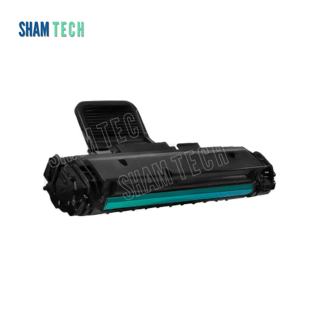 A standalone black Xerox PE220 laser printer cartridge is displayed diagonally without its box against a white background, featuring a folding black handle extending upward, a molded housing, and a prominent turquoise-tinted OPC drum cylinder along the front. The "SHAM TECH" logo appears in the top-left corner, and a large translucent "SHAM TECH" watermark is overlaid diagonally across the center of the image.